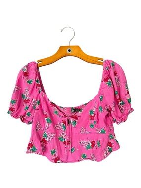 Zara Pink Floral Puff Sleeve Crop Top Smocked Back Milkmaid Feminine M